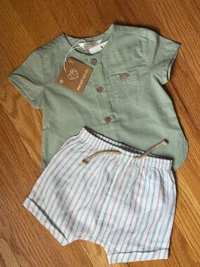 Mayoral Sage Green Button-Up Top & White-Green Striped Shorts
